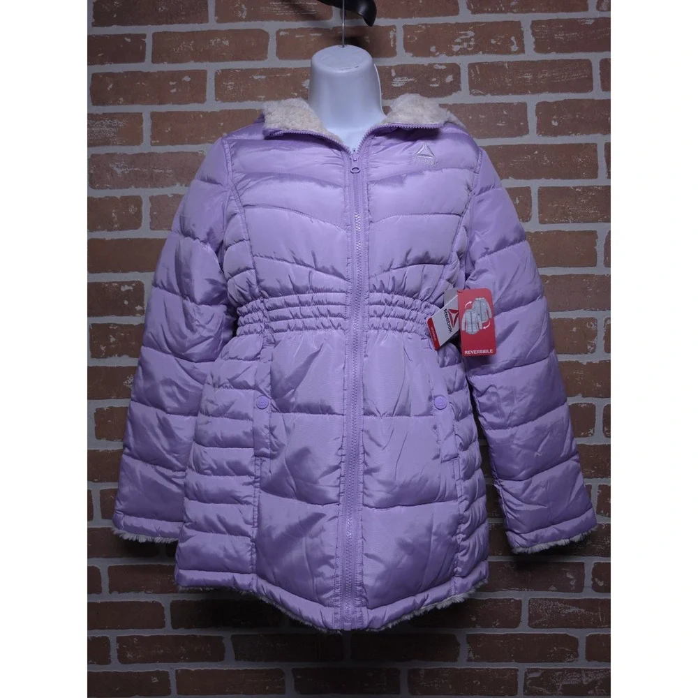Reebok Reversible Puffer Jacket Girl's Lavender Faux Fur Winter Coat Sz‎ 14/16